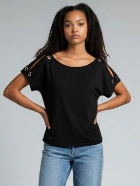Cable & Gauge Black Cold Shoulder Top Silver Grommets